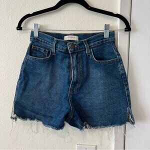 High Rise Blue Dark Denim Raw Hem Shorts Size Small